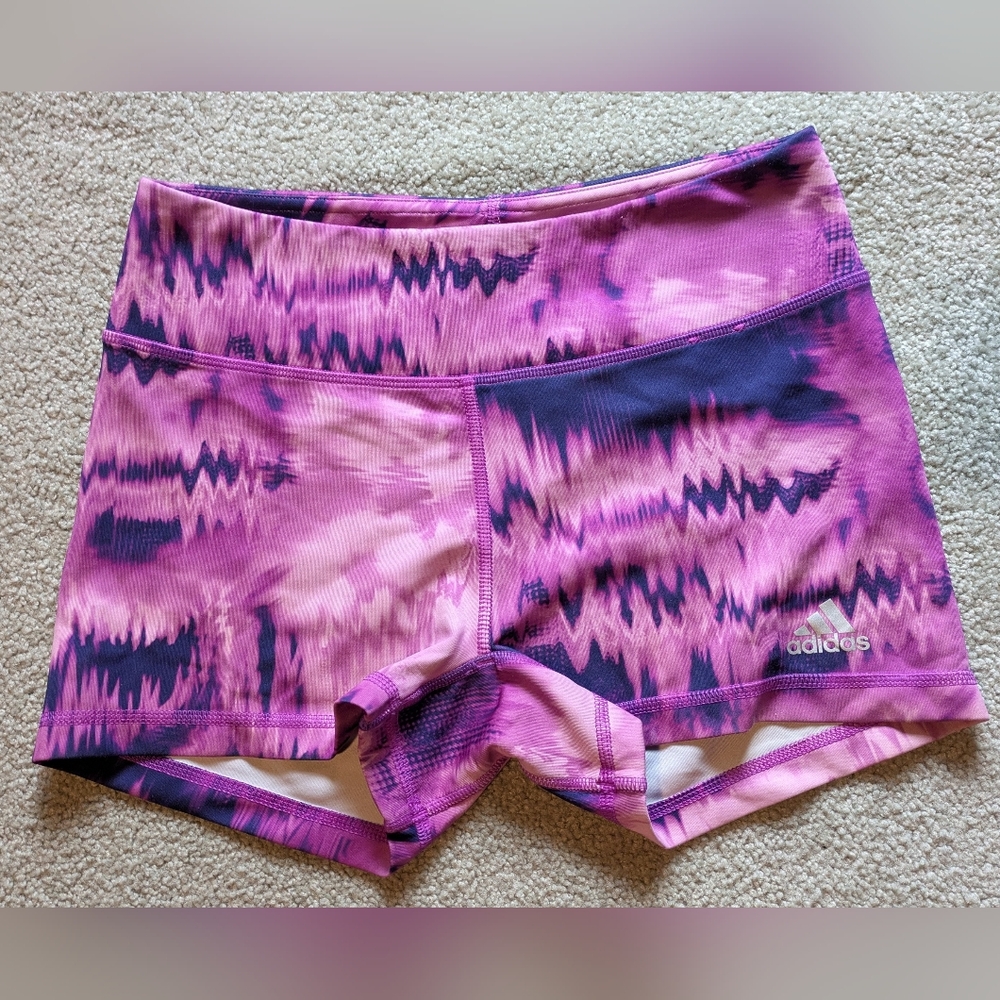 Adidas Pink and Purple Athletic Shorts with Tie-Dye Design